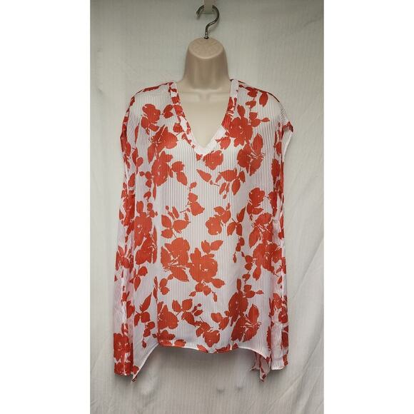 Bold Elements Floral V-Neck Blouse Hanky Hem White/Coral Size 2X - Picture 2 of 8